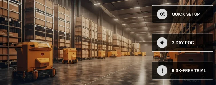 A warehouse image , alongside the benefits of our solutions.