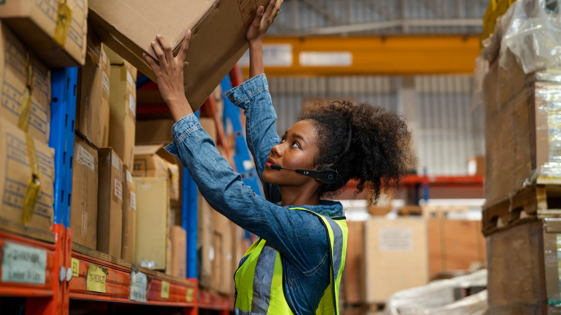 A warehouse operator equipped with a headset is putting away the received items.