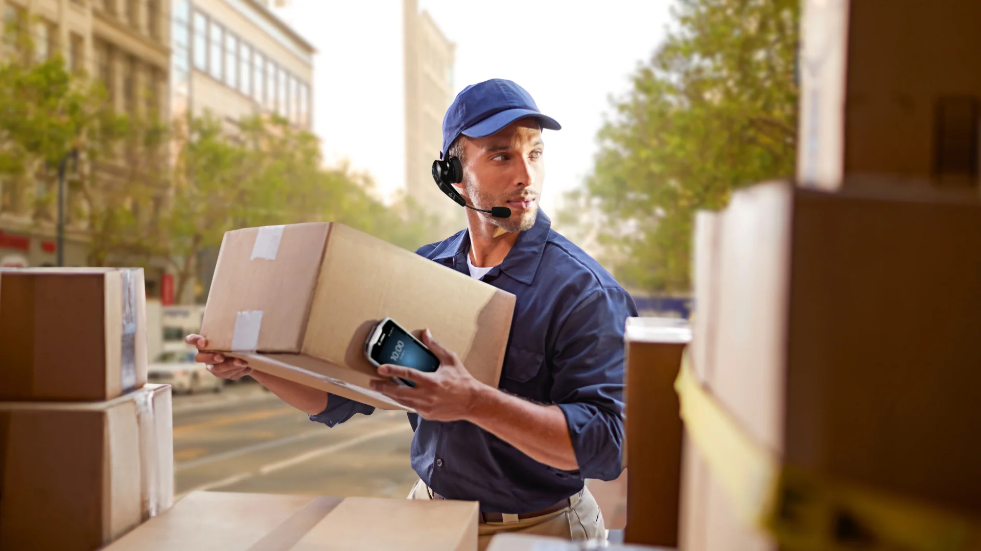 A warehouse operator, equipped with headset and an android device is loading a package.