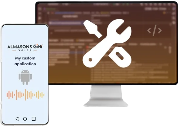 An image of a monitor with code and android showcasing voice integration.